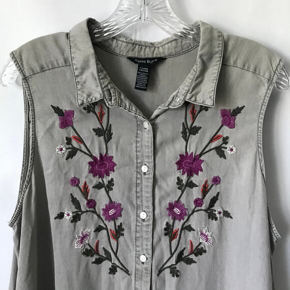Terre Bleue Dress Size XL Womens Gray Button Up Sleeveless Embroidery Floral - Picture 4 of 8